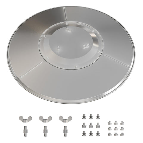 East Oak patio heater reflector shield assembly shows three-panel quick setup.