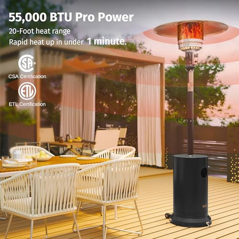 East Oak patio heater with stainless steel burner for durable heat.