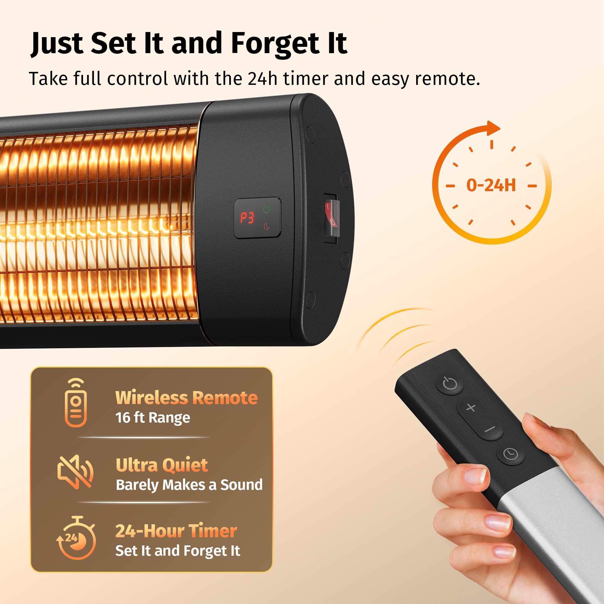 East Oak remote control and 24-hour timer for easy operation