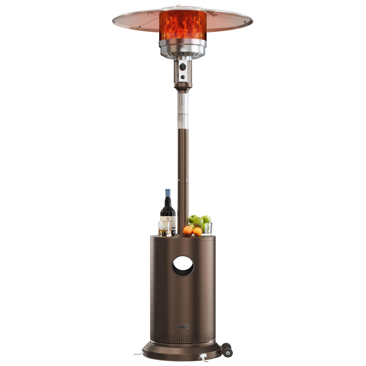 East Oak round table bronze patio heater warms outdoor seating