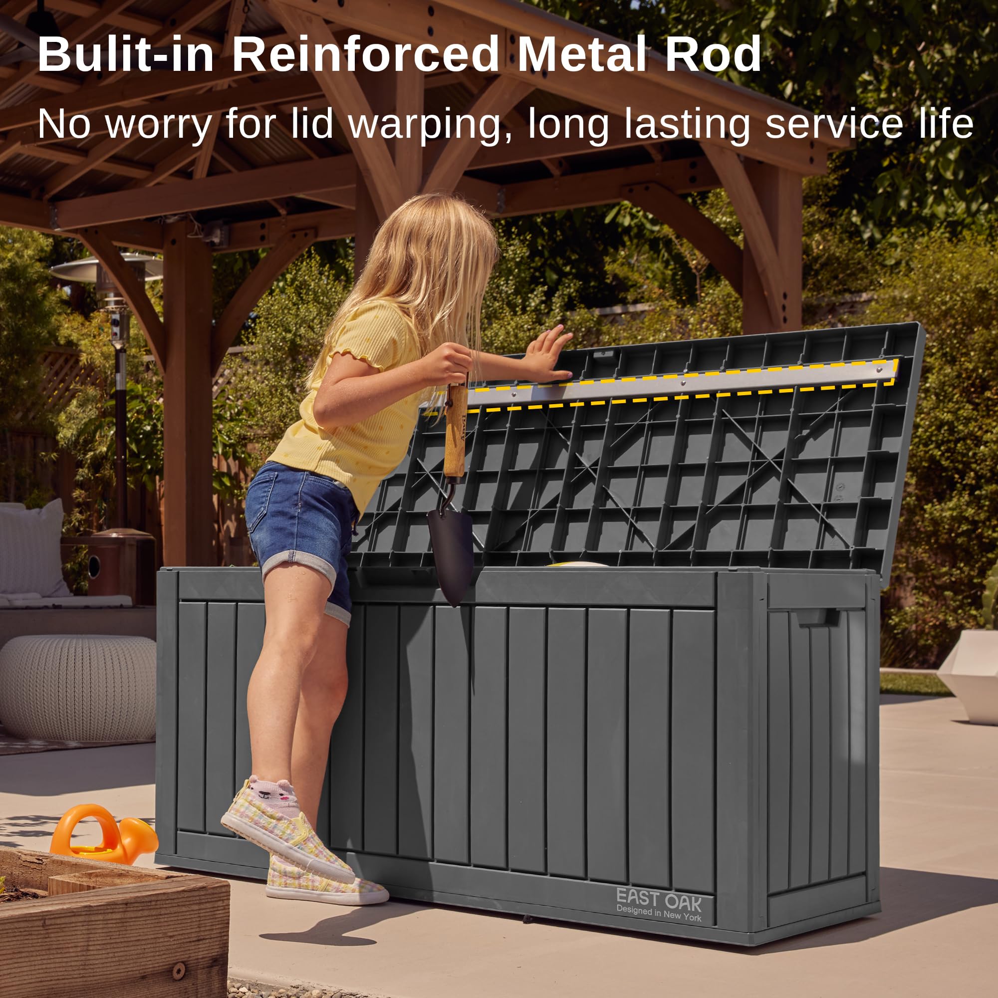 East Oak resin construction provides weather resistance and rust prevention.