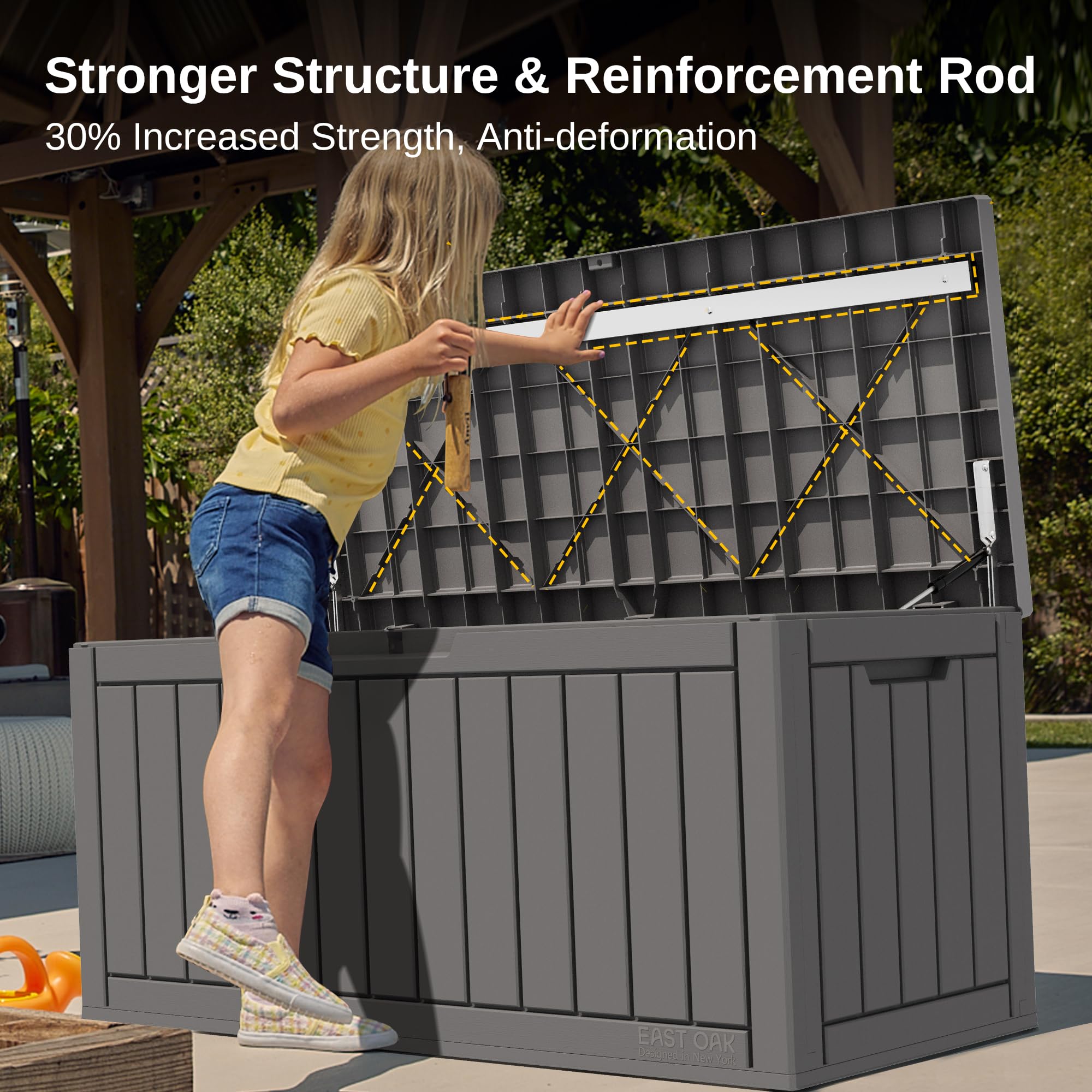 EAST OAK UV resistant deck box keeps color longer.