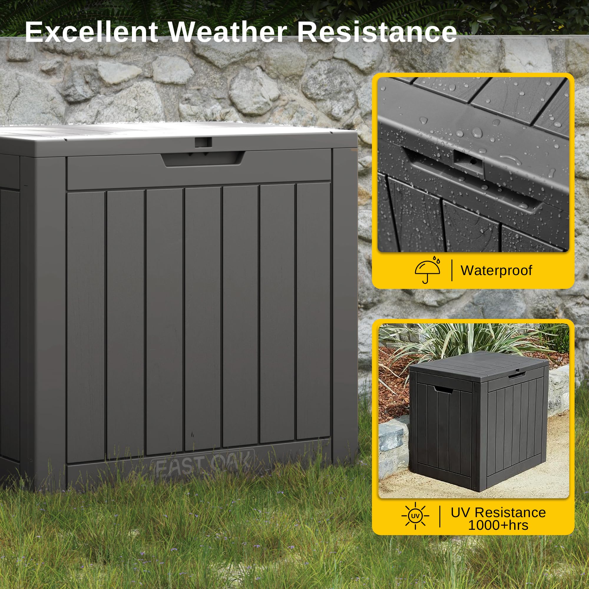 East Oak UV-resistant outdoor storage shields items from sun exposure.