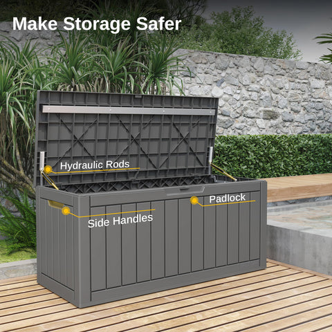 EAST OAK waterproof resin deck box protects cushions from rain.