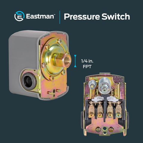 Eastman pressure switch front view highlights compact durable design for mounting.