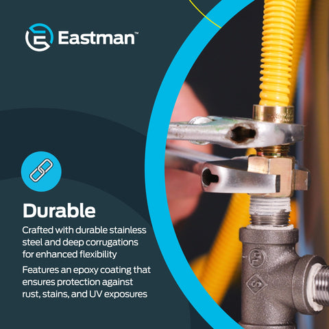 Eastman stainless steel yellow gas connector for indoor/outdoor use.