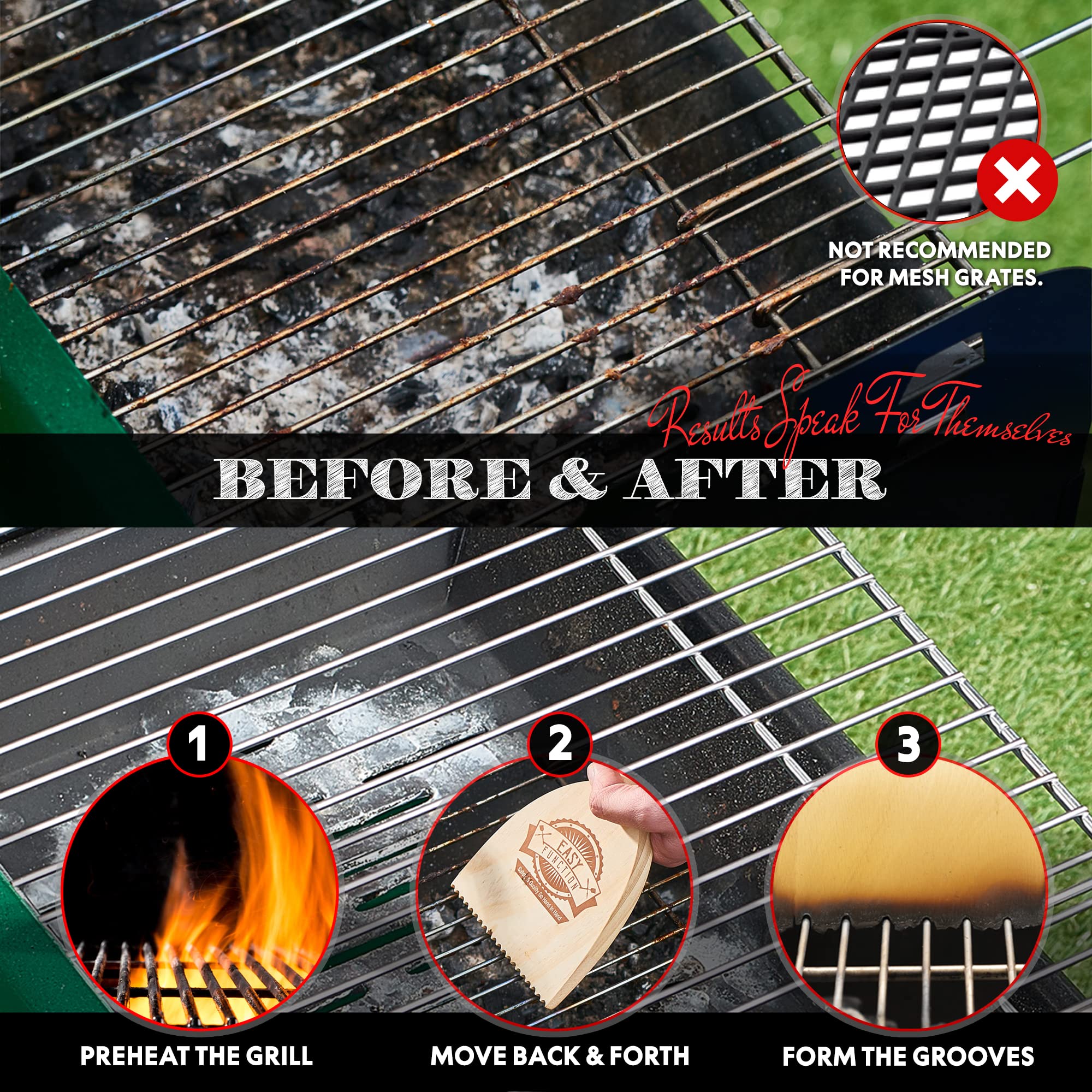 EASY FUNCTION grill scraper works on porcelain, ceramic, stainless steel, and cast iron