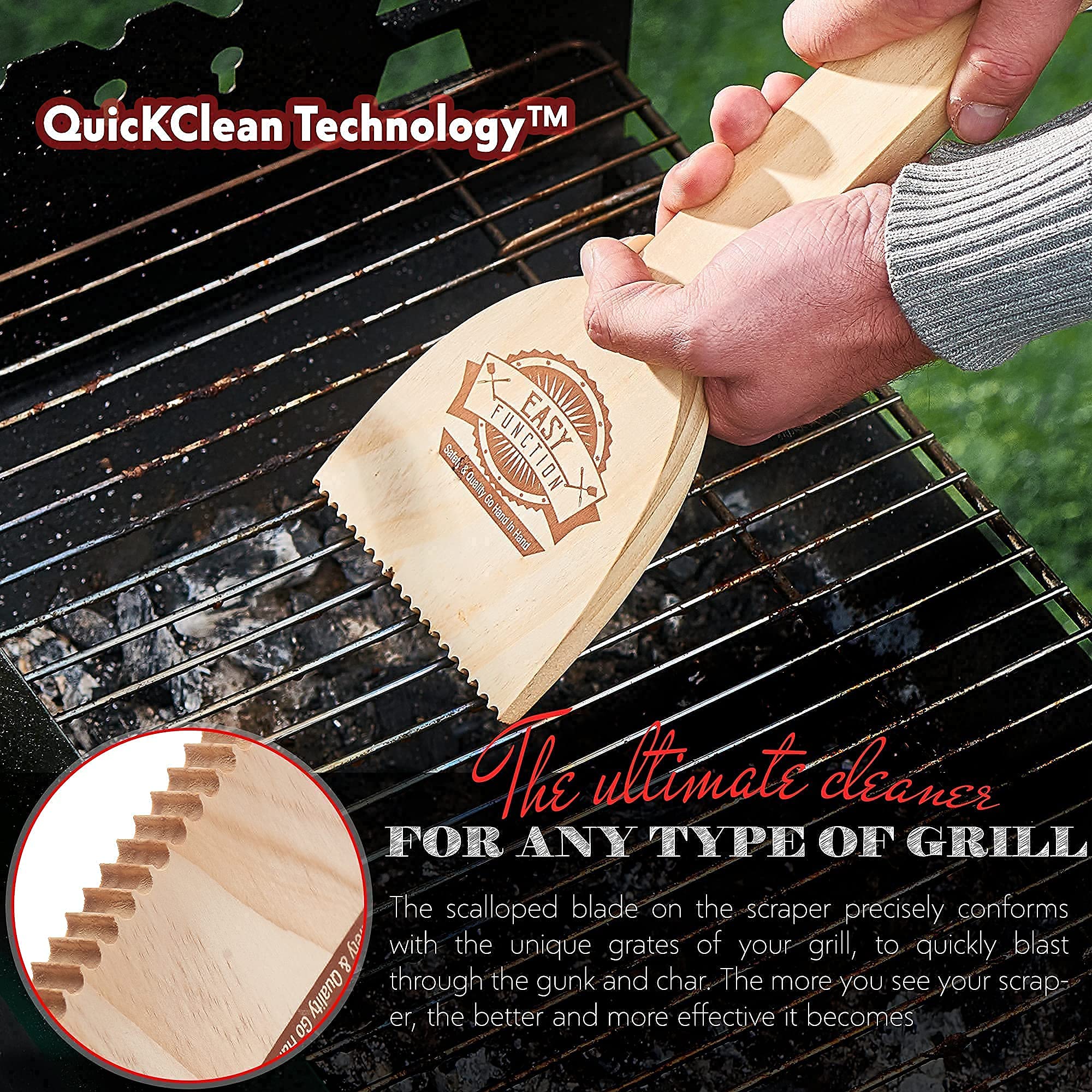 EASY FUNCTION pine wood scraper designed for no-scratch cleaning on all grill surfaces