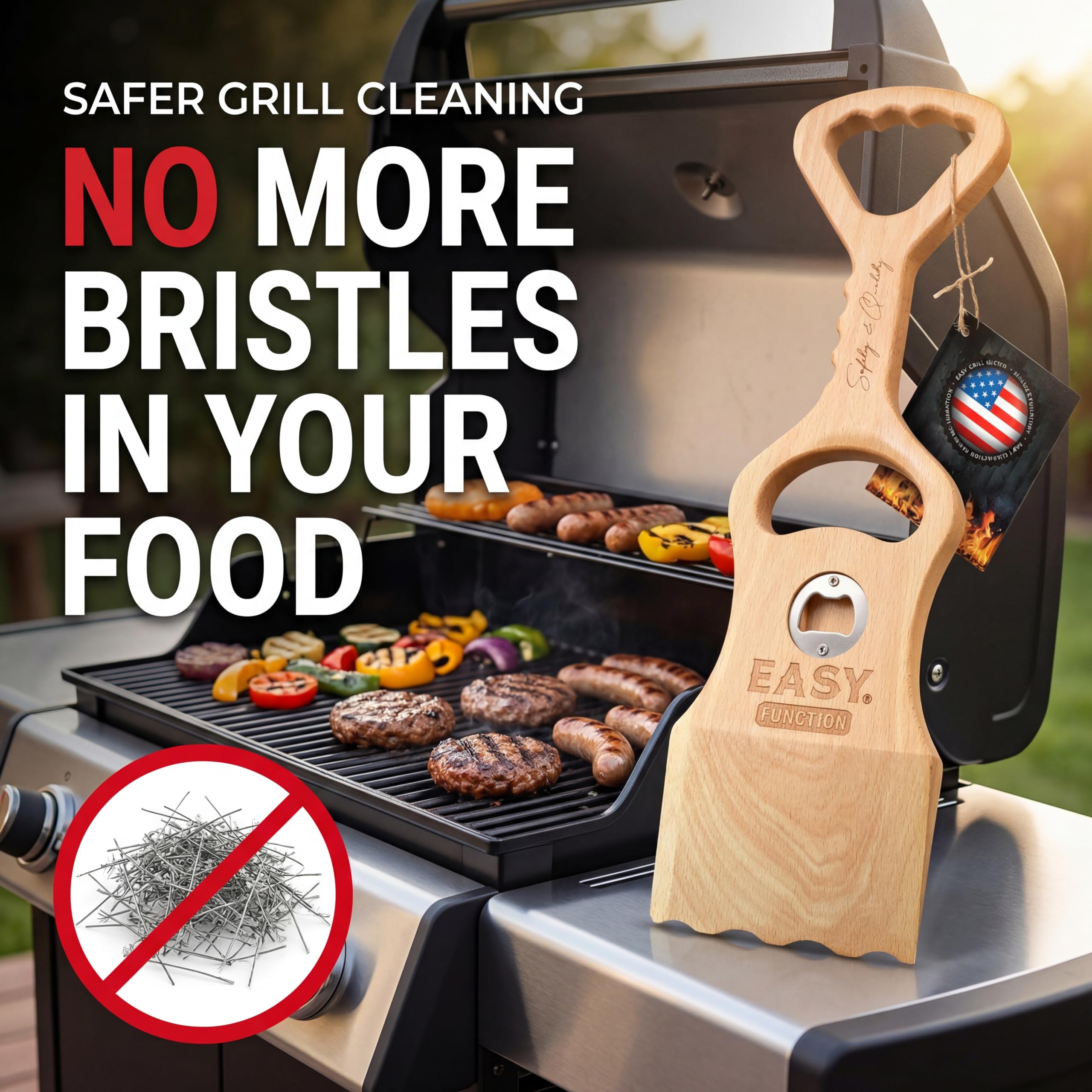 EASY FUNCTION Wood Grill Scraper is bristle-free to keep food safe.