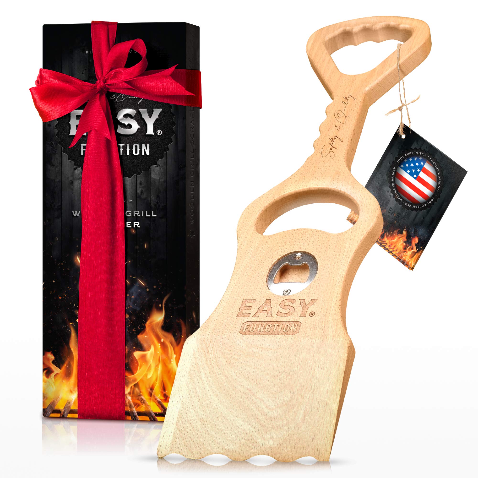 EASY FUNCTION Wood Grill Scraper with EasyShape burns into grates for fast, deep cleaning.