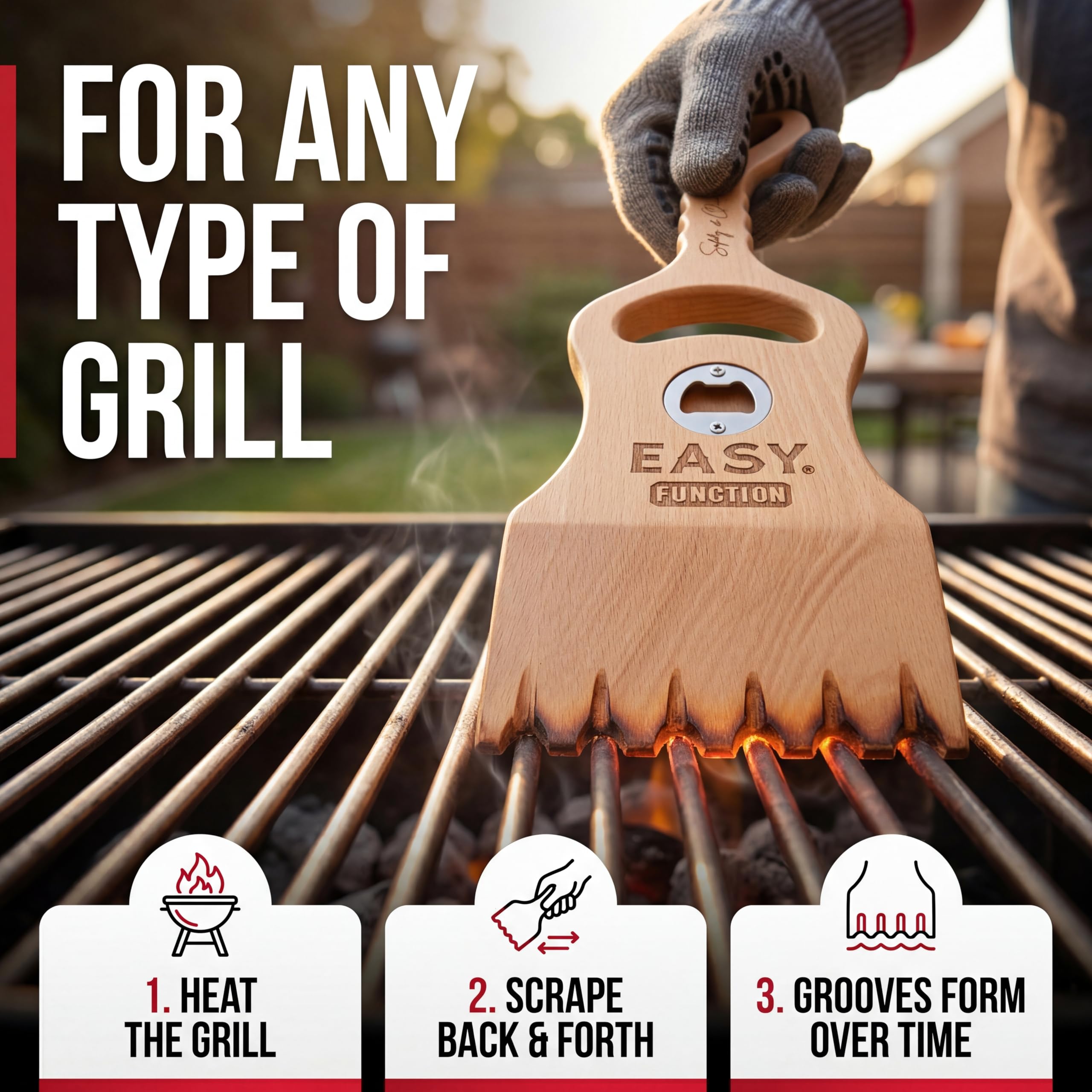 Made from 100% natural pine hardwood for non-scratch, non-toxic grill cleaning.