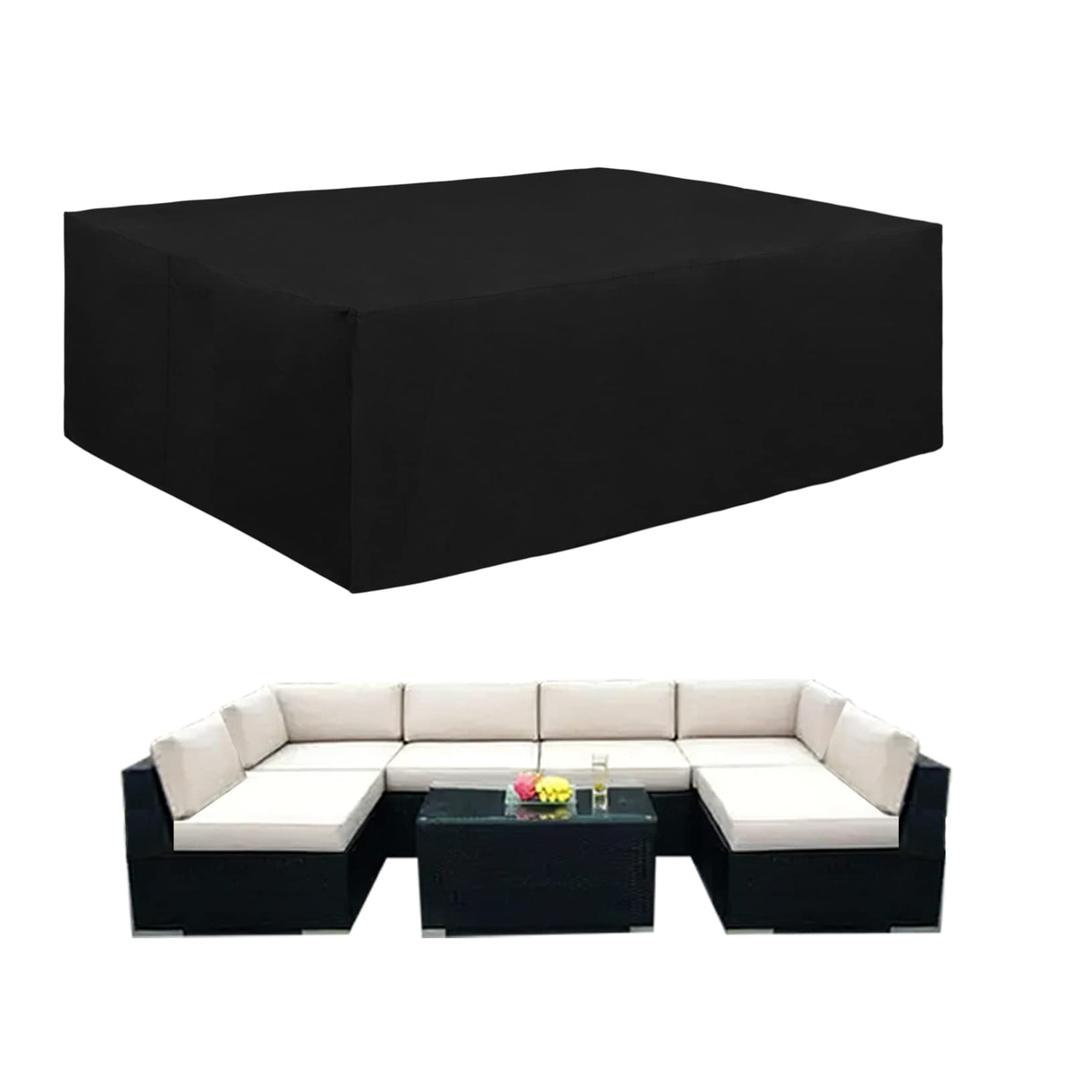 Easy-Going 600D patio cover on rectangular table and chairs protects outdoor furniture
