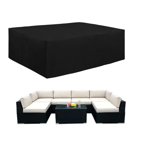 Easy-Going 600D patio cover on rectangular table and chairs protects outdoor furniture