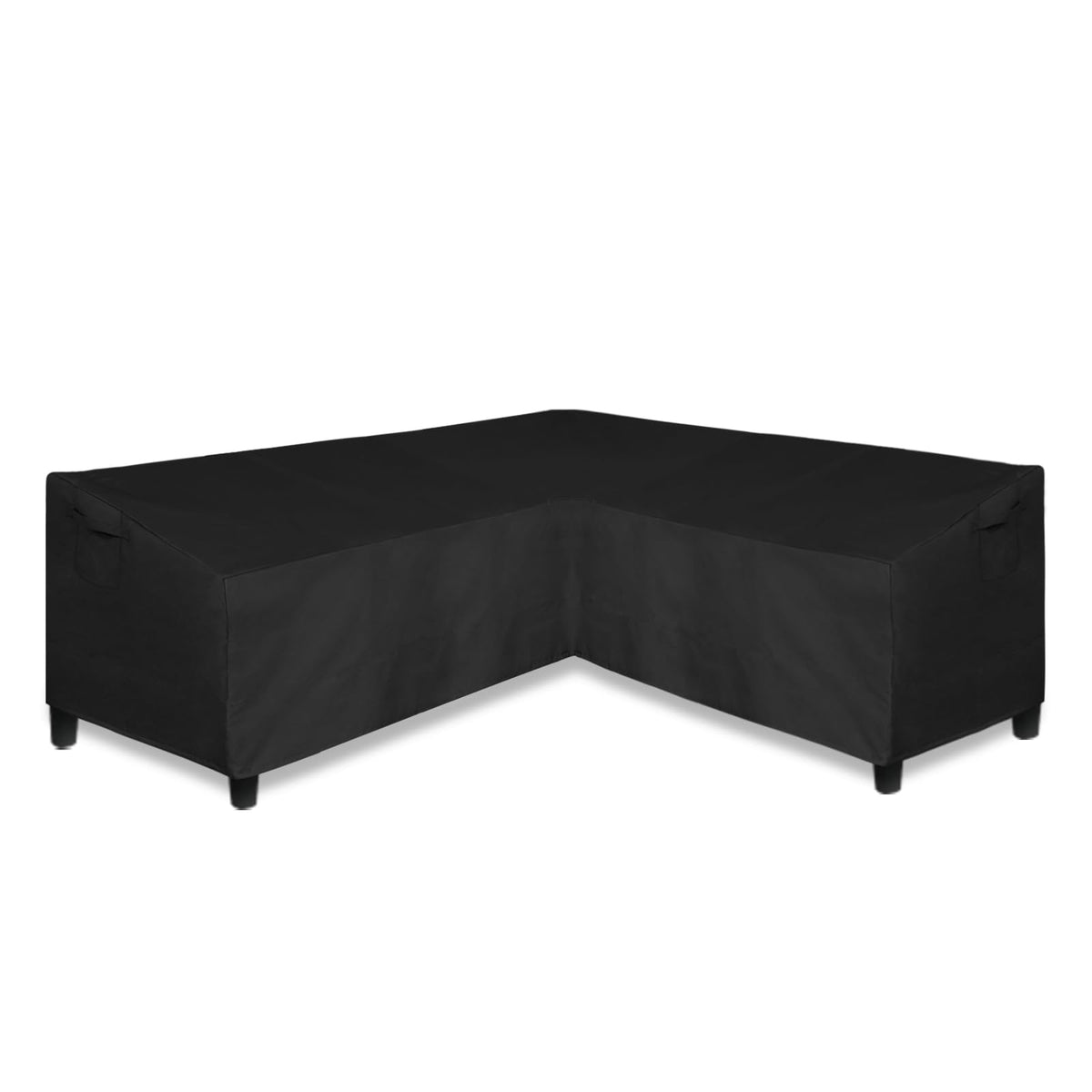 Easy-Going 600D patio cover shields a V-shaped sectional from rain and UV exposure.