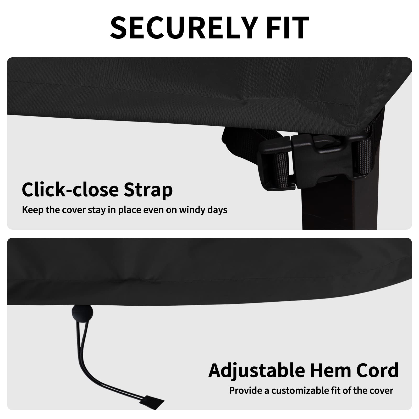 Close view of click-close straps securing the cover on windy days