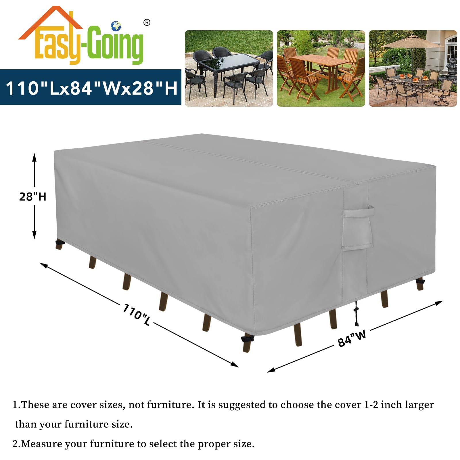 Easy-Going colorfast fabric shields outdoor set from UV fading and color loss.