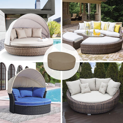 Easy-Going camel color daybed cover complements outdoor furniture and resists sun fading.