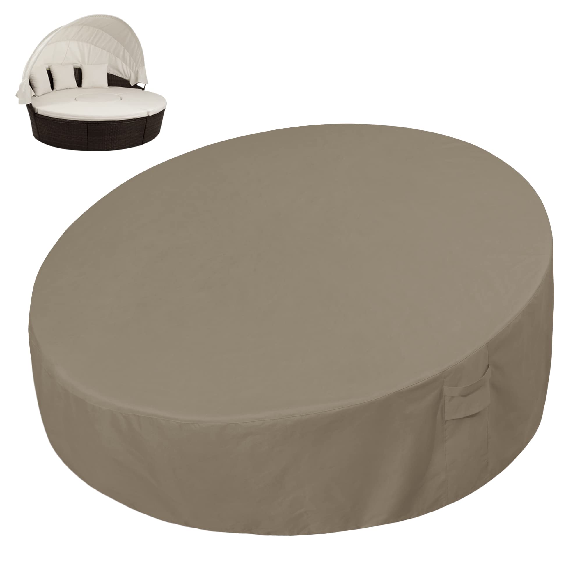 Easy-Going heavy-duty daybed cover in camel on round daybed for weather protection.