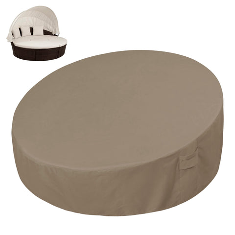Easy-Going heavy-duty daybed cover in camel on round daybed for weather protection.