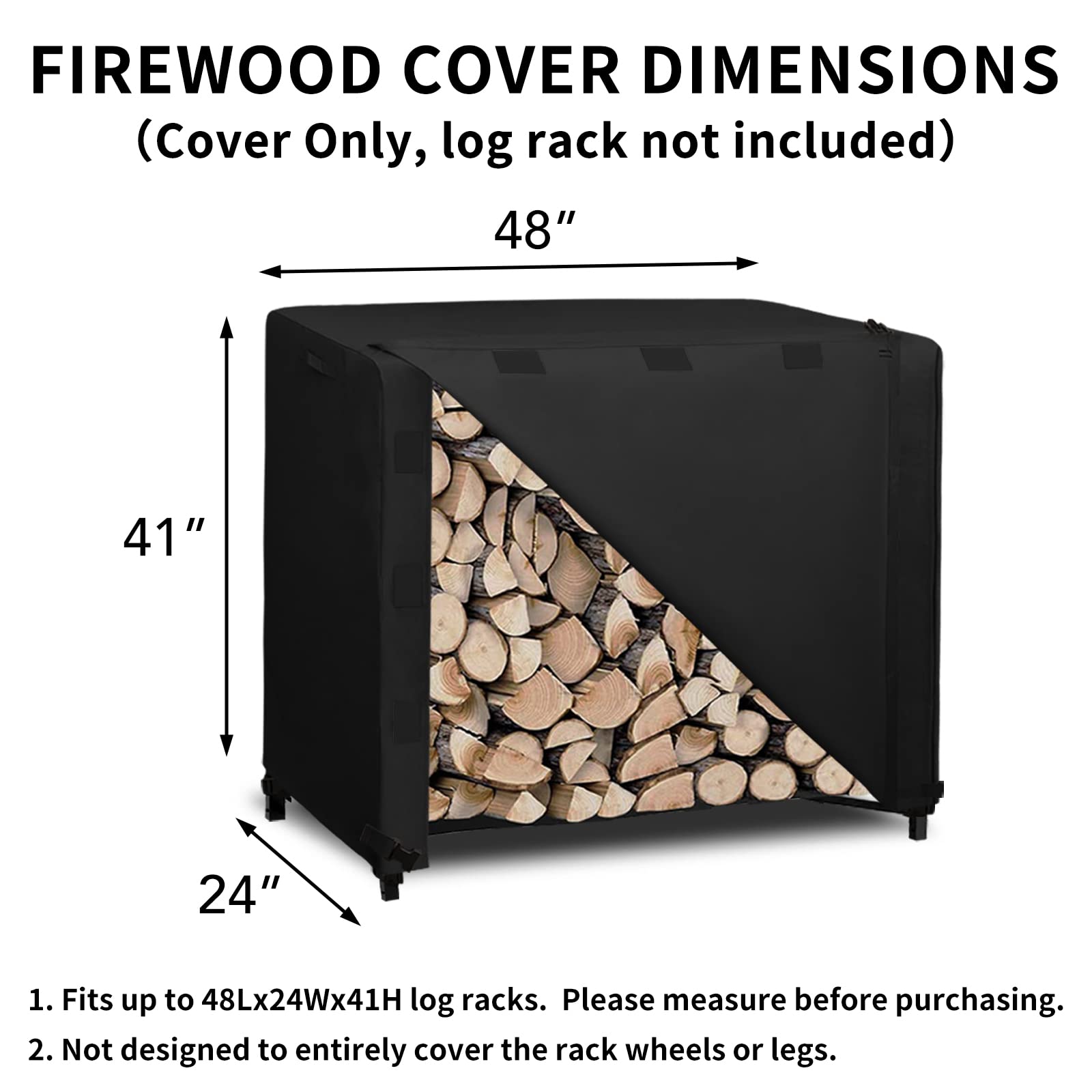 Easy-Going log rack cover with dimensions 48x24x41 inches for 4-foot racks.