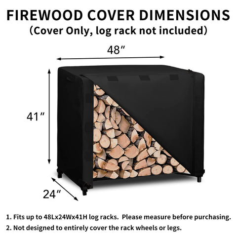 Easy-Going log rack cover with dimensions 48x24x41 inches for 4-foot racks.