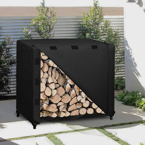 Easy-Going log rack cover front flap openable allows easy loading of wood.