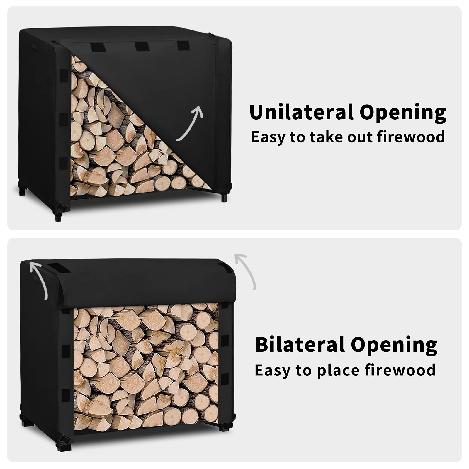 Easy-Going log rack cover handles and bottom straps simplify setup and security.