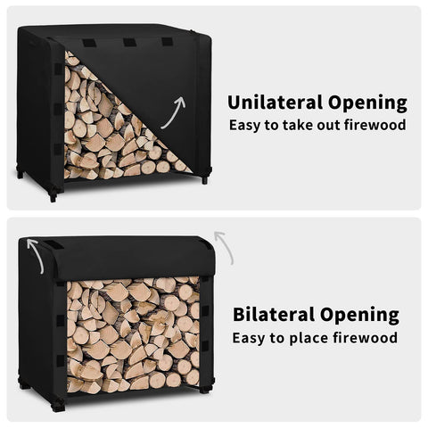 Easy-Going log rack cover handles and bottom straps simplify setup and security.