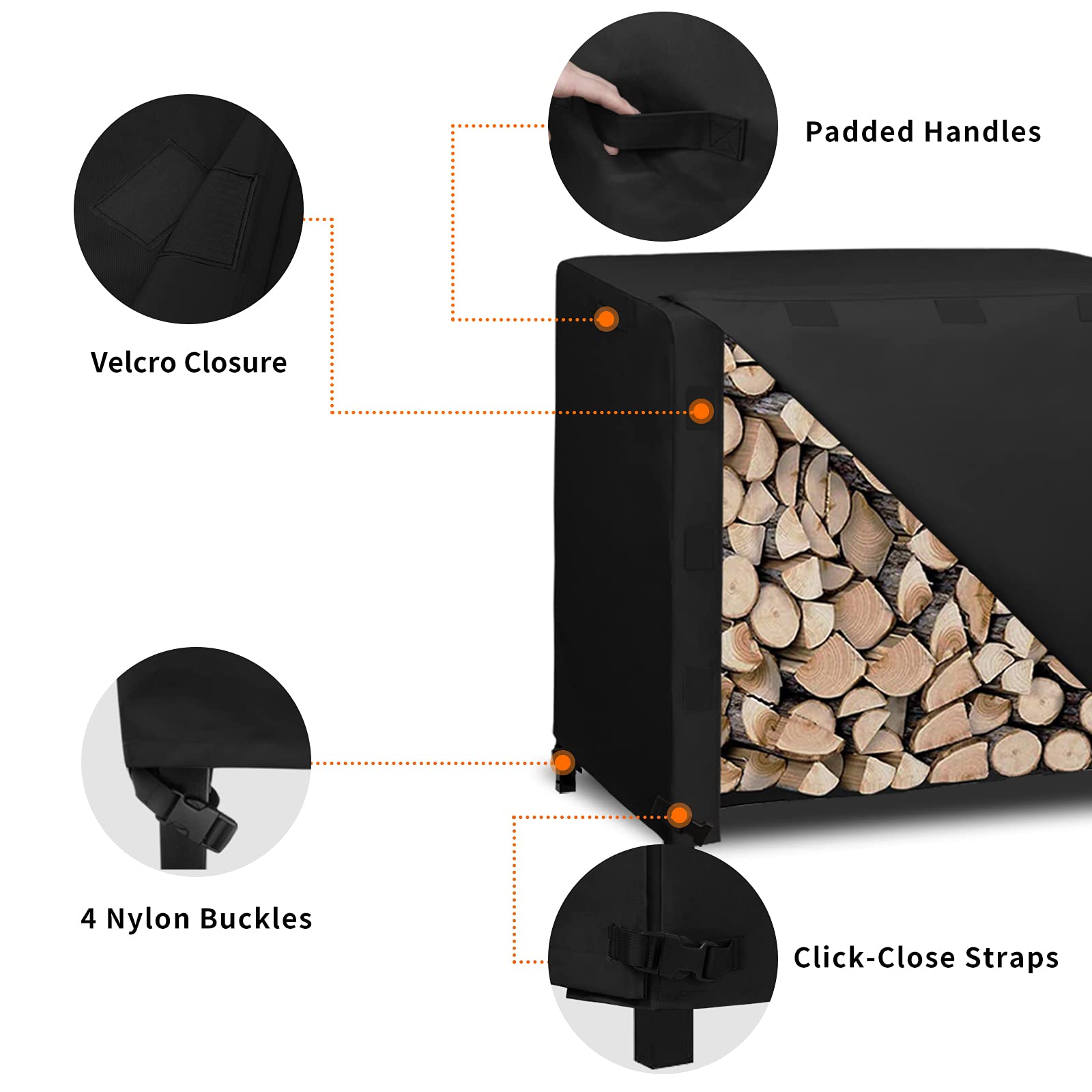 Easy-Going log rack cover Velcro and buckles secure the front flap.
