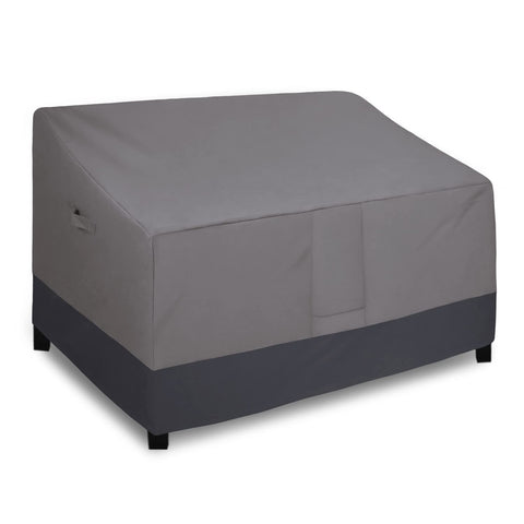 Easy-Going heavy-duty loveseat cover in gray protects a sofa from rain and sun.