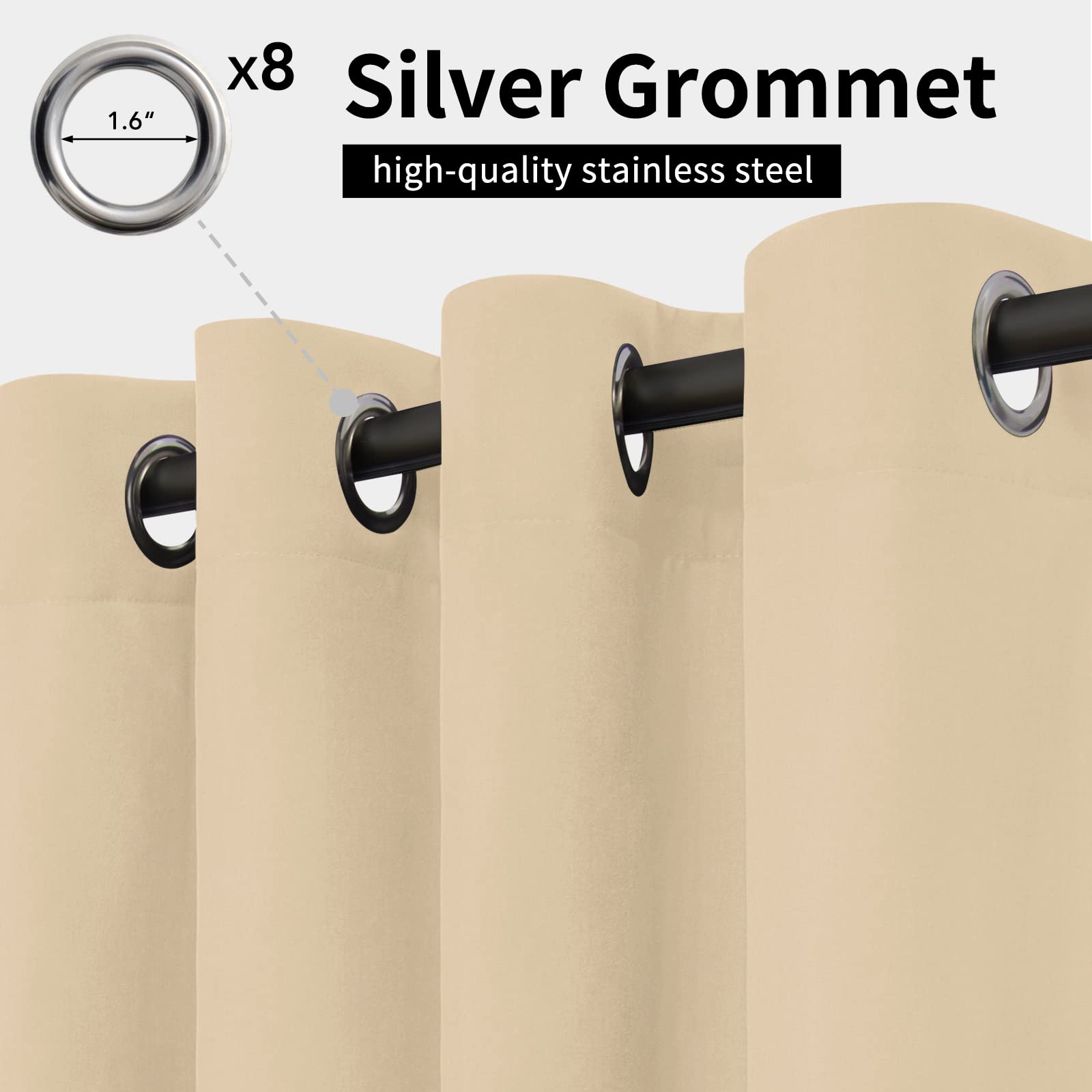 Easy-Going grommet-top curtain with 8 grommets enables smooth hanging.