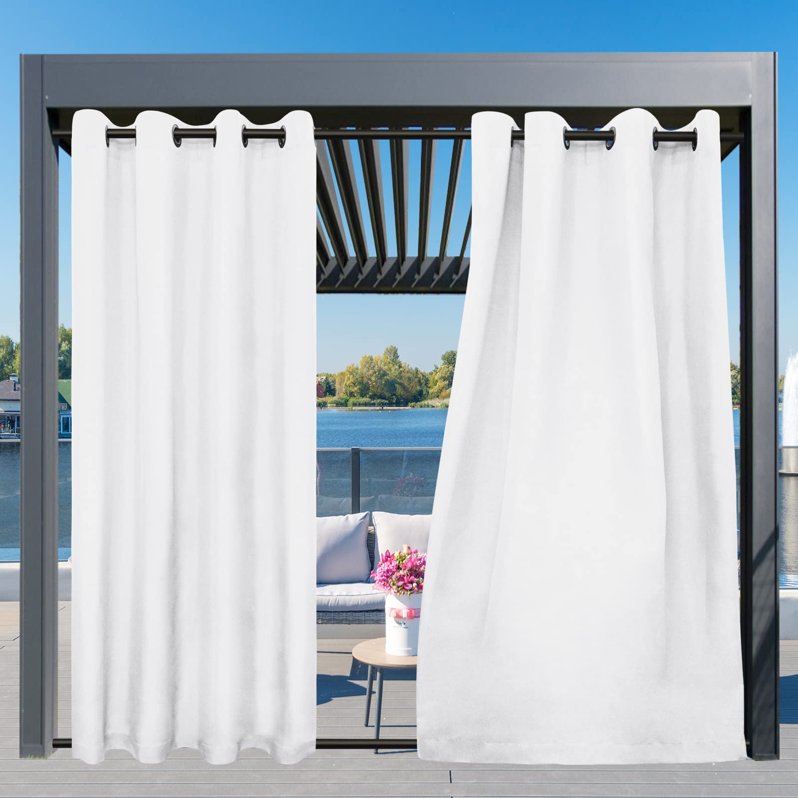 Easy-Going Outdoor Curtain waterproof fabric close-up highlights sun blocking and rain resistance.