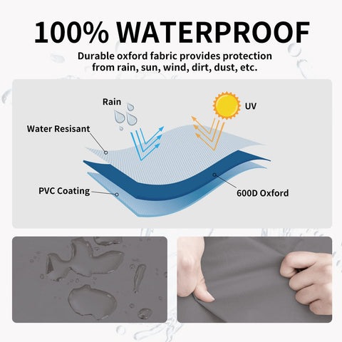 Fabric closeup shows 600D oxford with waterproof coating for heavy-duty outdoor use.