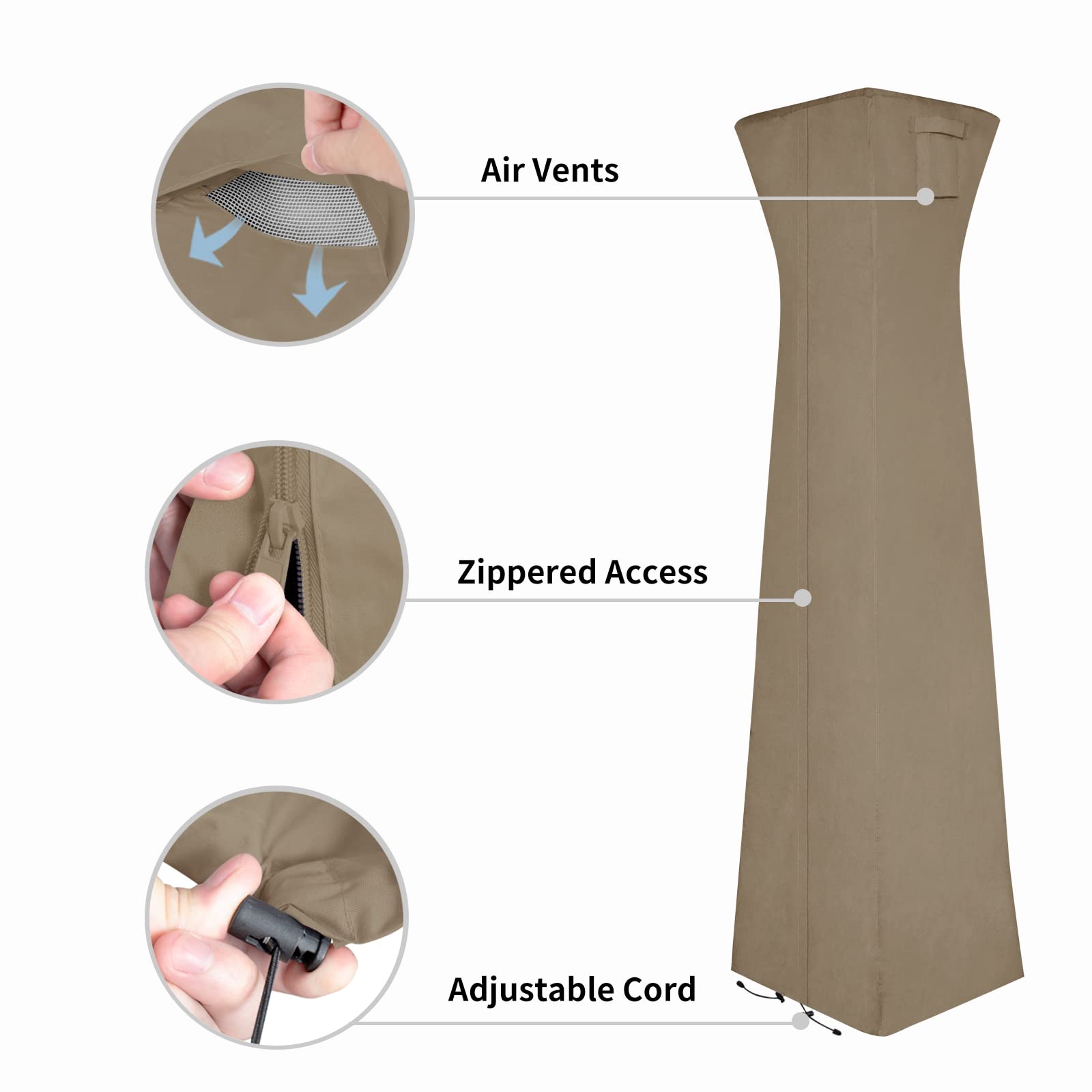 Easy-Going pyramid-torch-heater-cover-wind-resistant shot shows secure fit on breezy days.