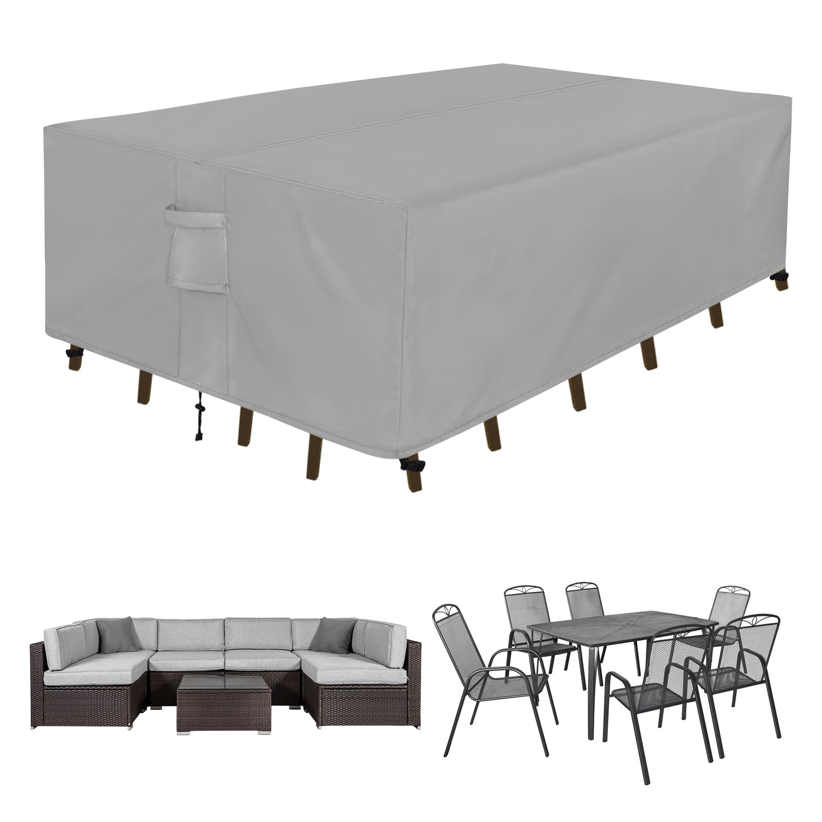 Easy-Going rectangle patio cover over 110L x 84W x 28H grey furniture shields from sun and fading.