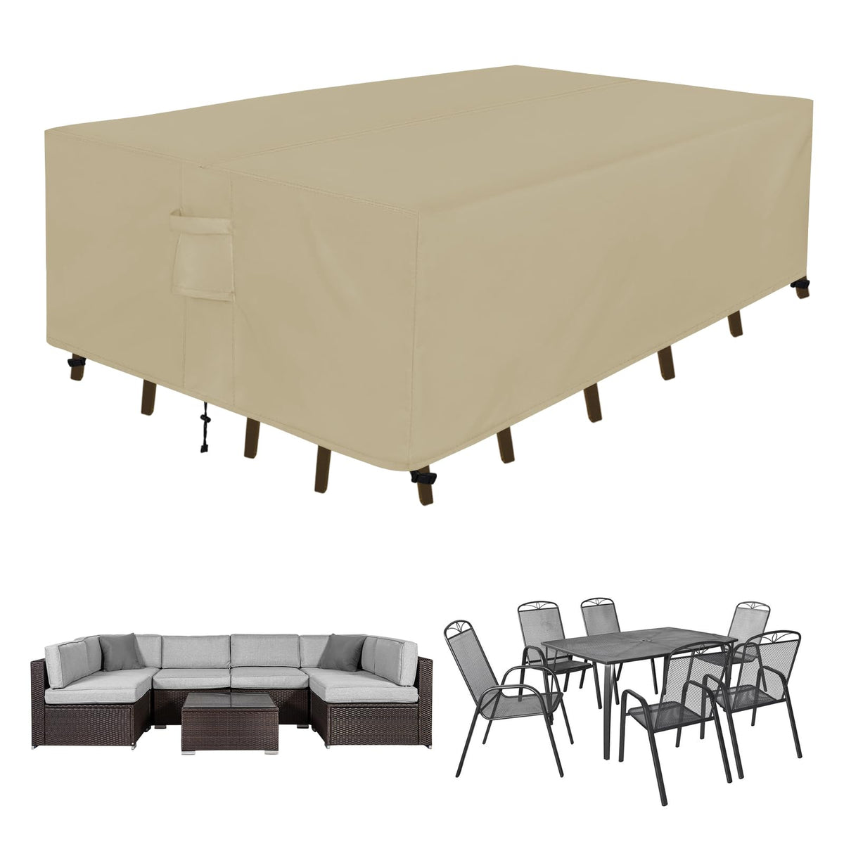 Easy-Going rectangle patio cover in camel protects a 110-inch outdoor dining set from rain