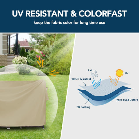 Waterproof laminated backing and sealed seams keep furniture dry during rain