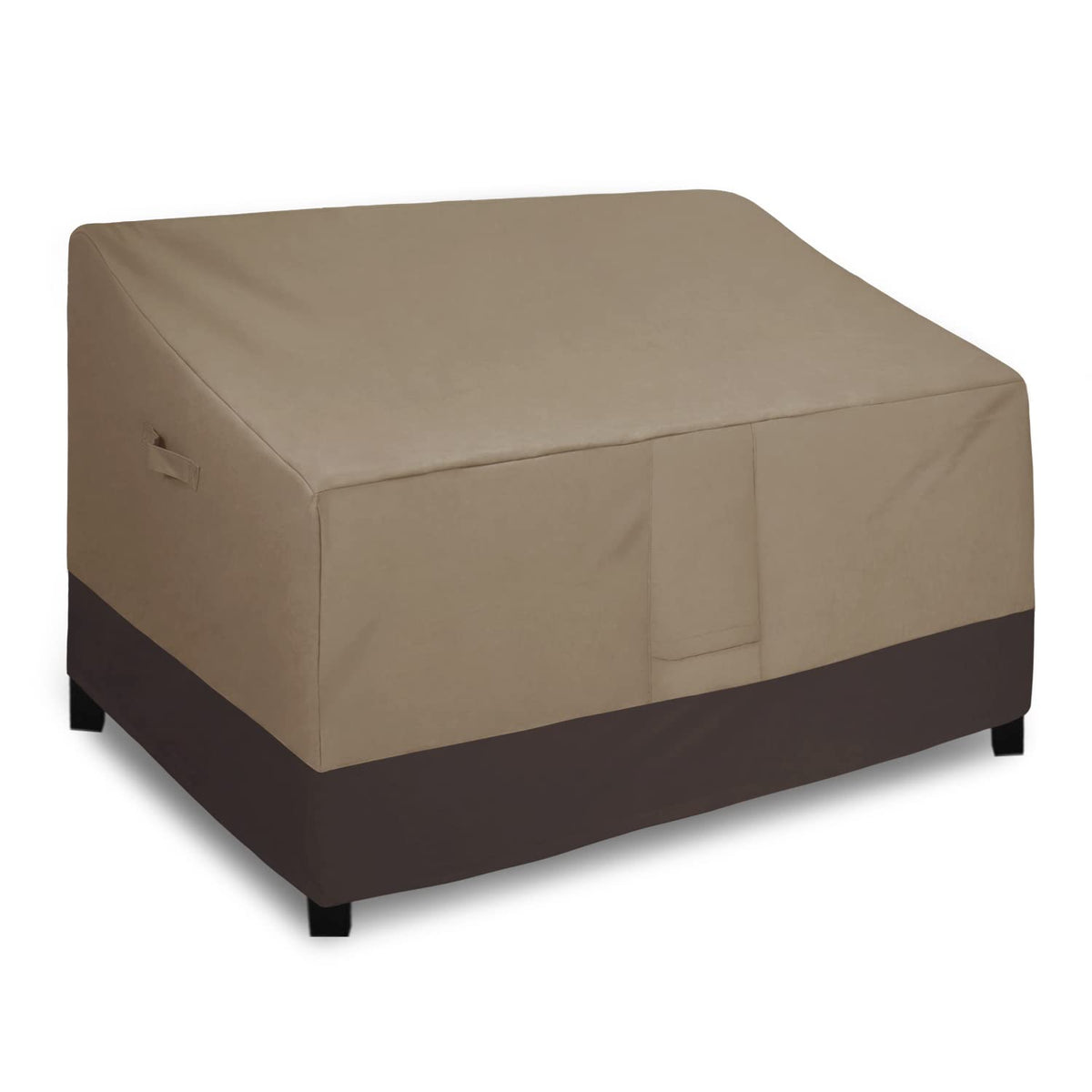 Easy-Going waterproof loveseat cover on camel sofa protects from rain and sun