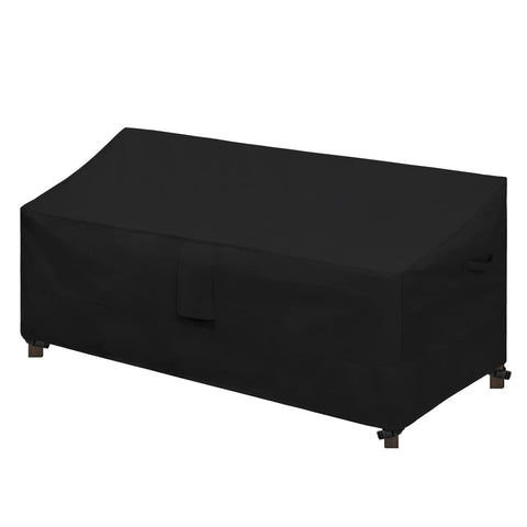 Easy-Going waterproof 3-seater patio sofa cover shielding a black outdoor sofa