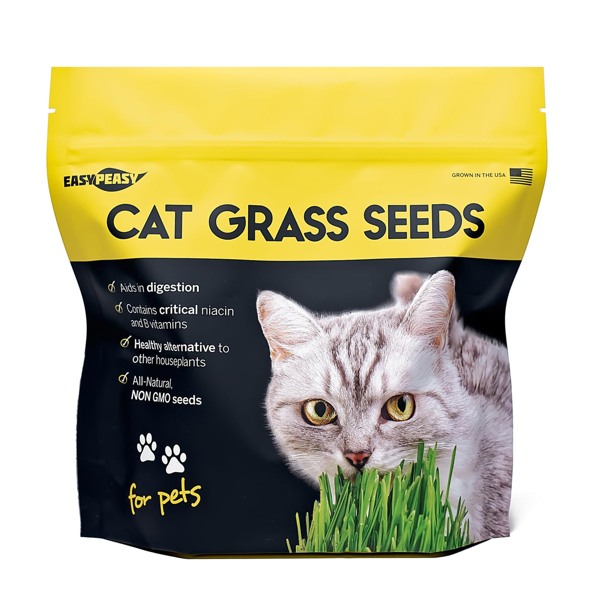 Easy Peasy CATGRASS seeds in a resealable bag for a ready supply of fresh cat grass.