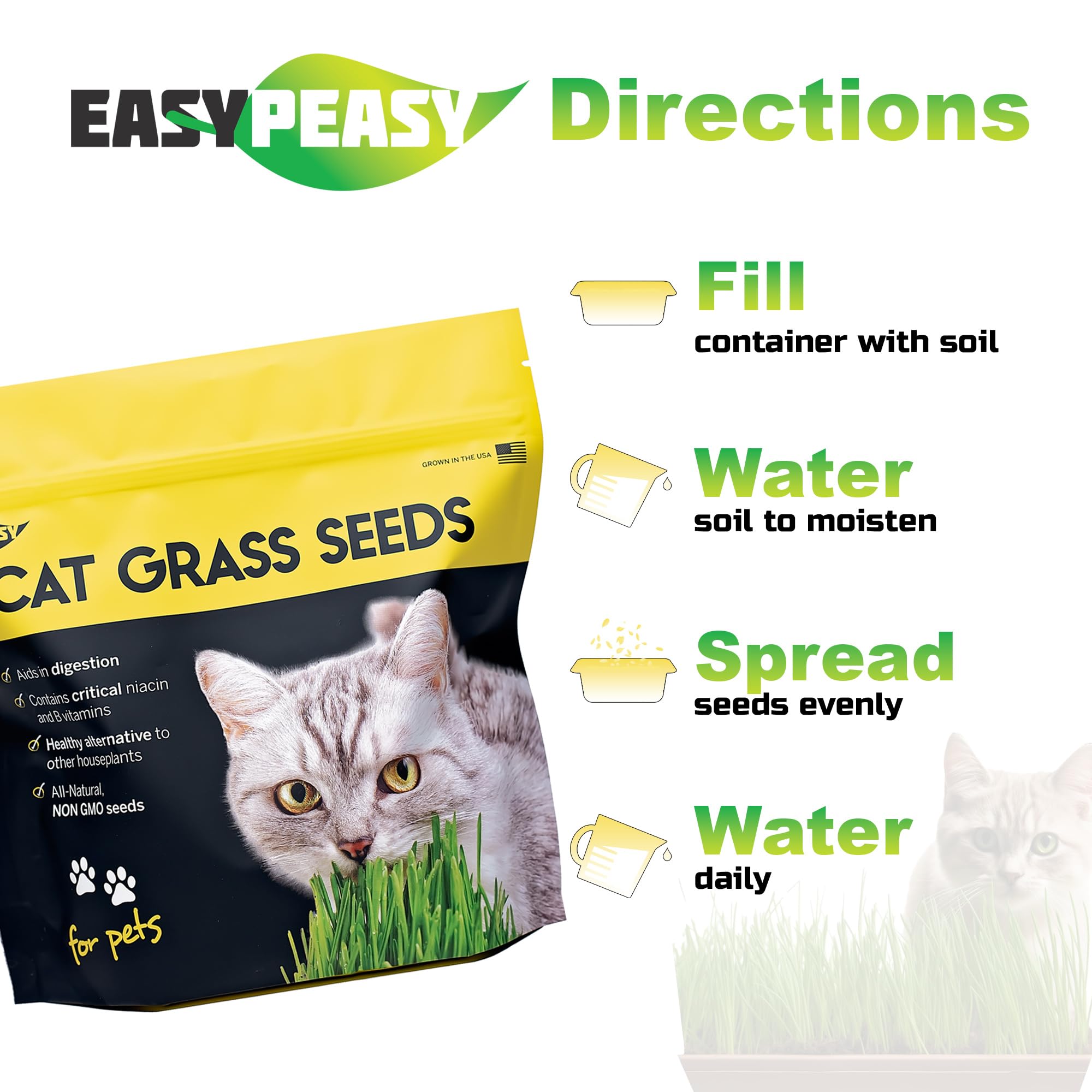 Easy Peasy CATGRASS seeds germination close-up showing non-GMO oat seeds for healthy growth.