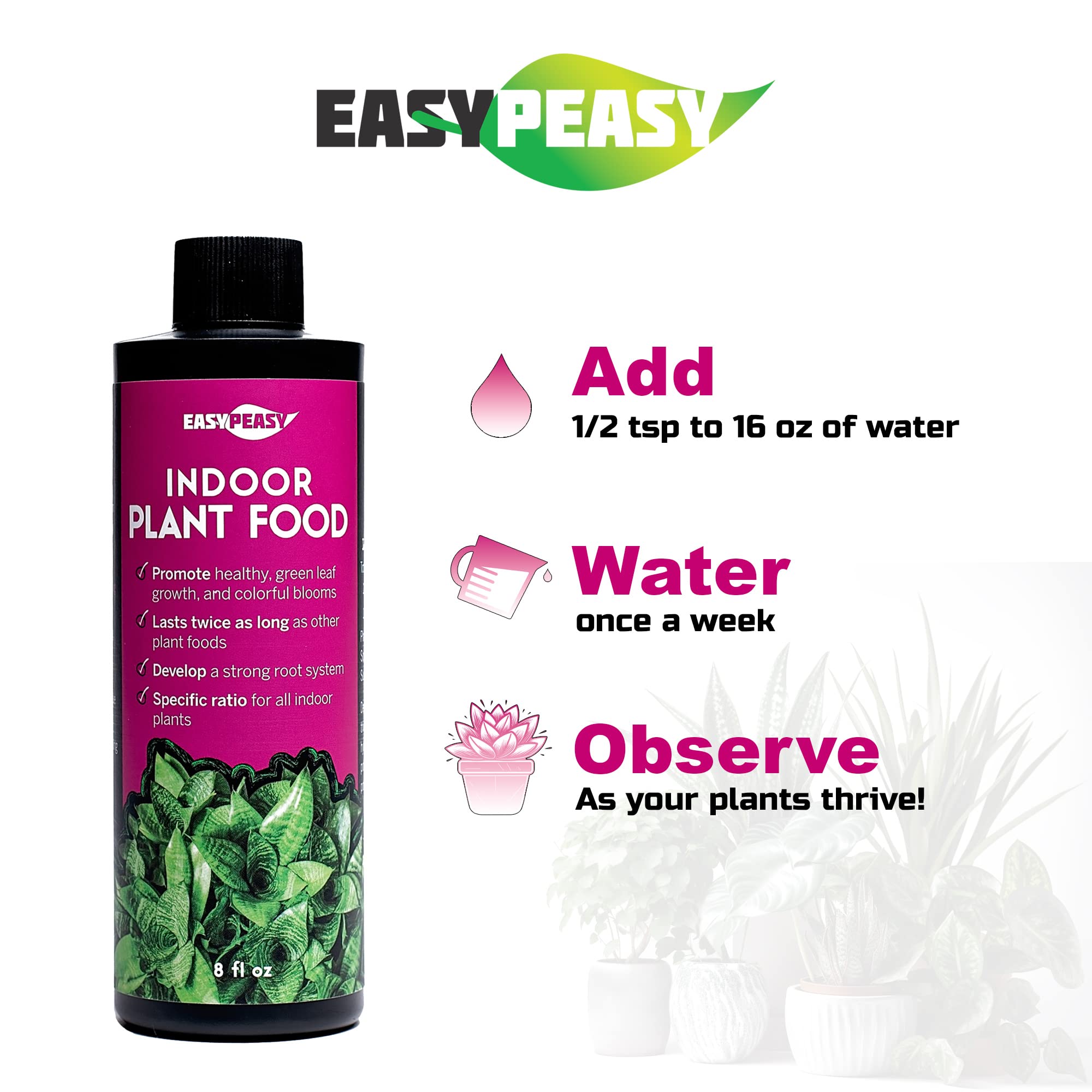 Easy Peasy fertilizer being diluted in water for indoor plants.