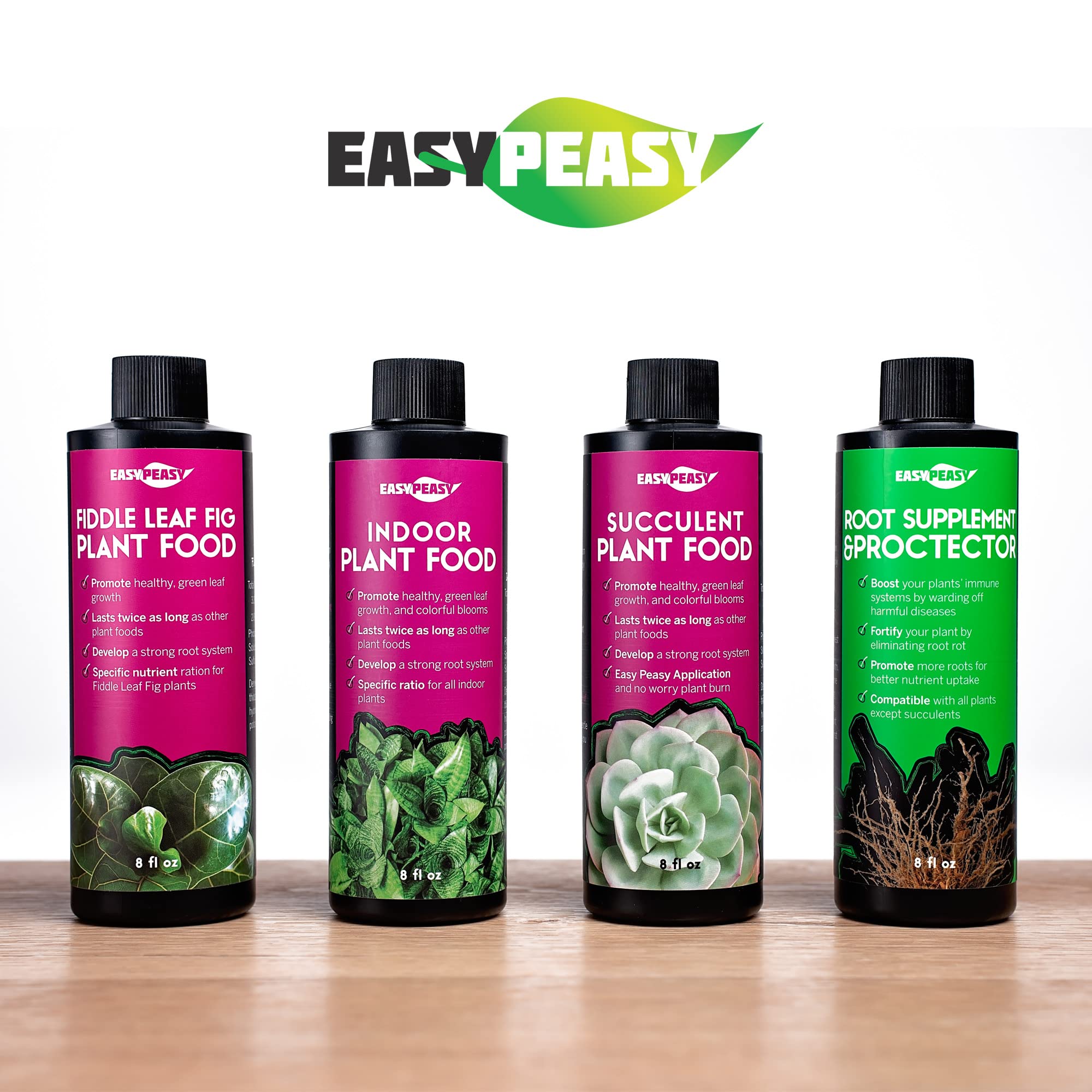 Easy Peasy houseplant fertilizer applied to thriving potted plants.
