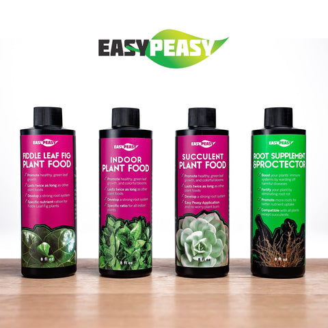 Easy Peasy houseplant fertilizer applied to thriving potted plants.