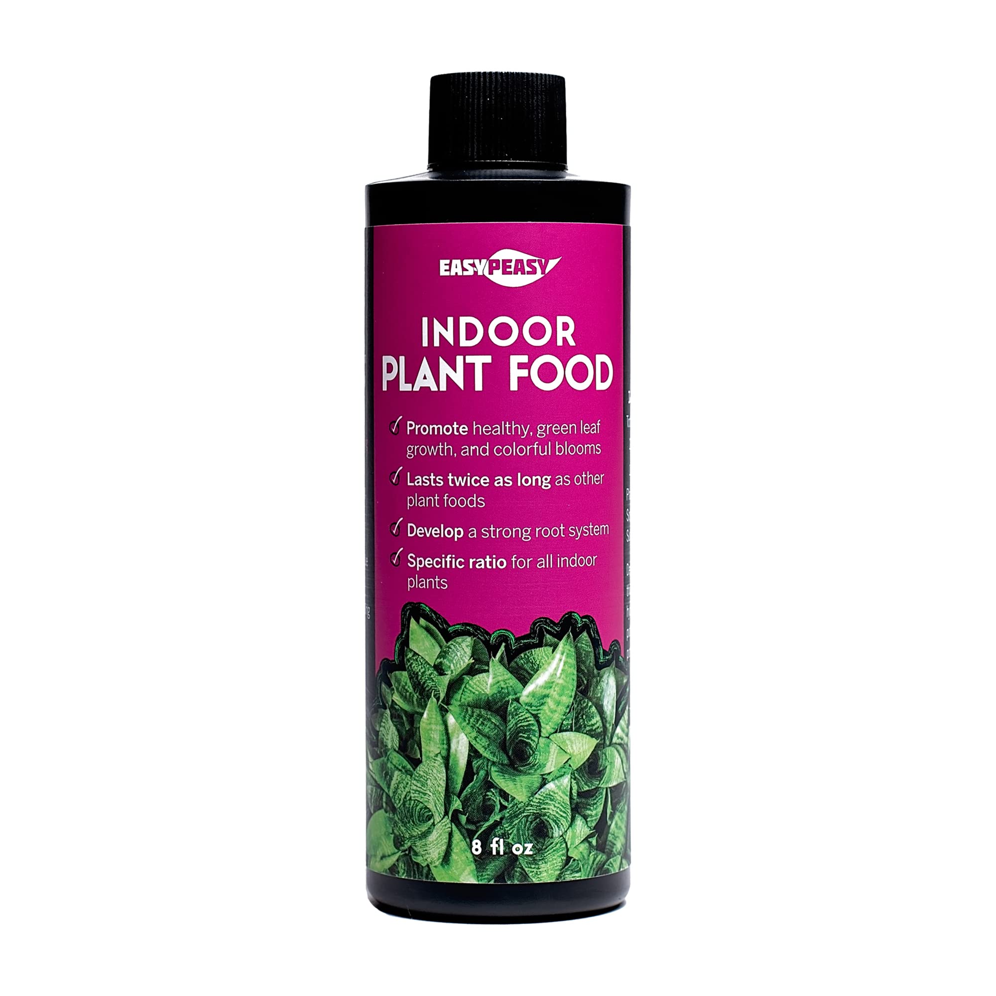 Easy Peasy liquid indoor plant food bottle with balanced 4-3-4 nutrients.