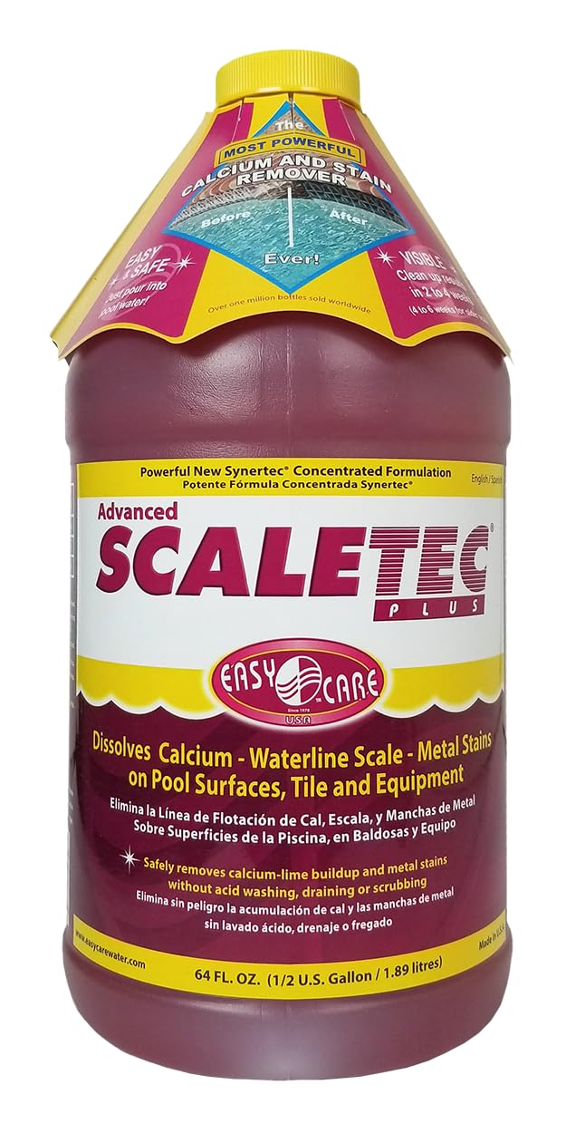 EasyCare Scaletec Plus descales pool surfaces without acids for mineral buildup relief.