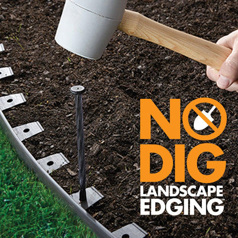 EasyFlex No-Dig edging installation close-up shows quick, tool-free setup.