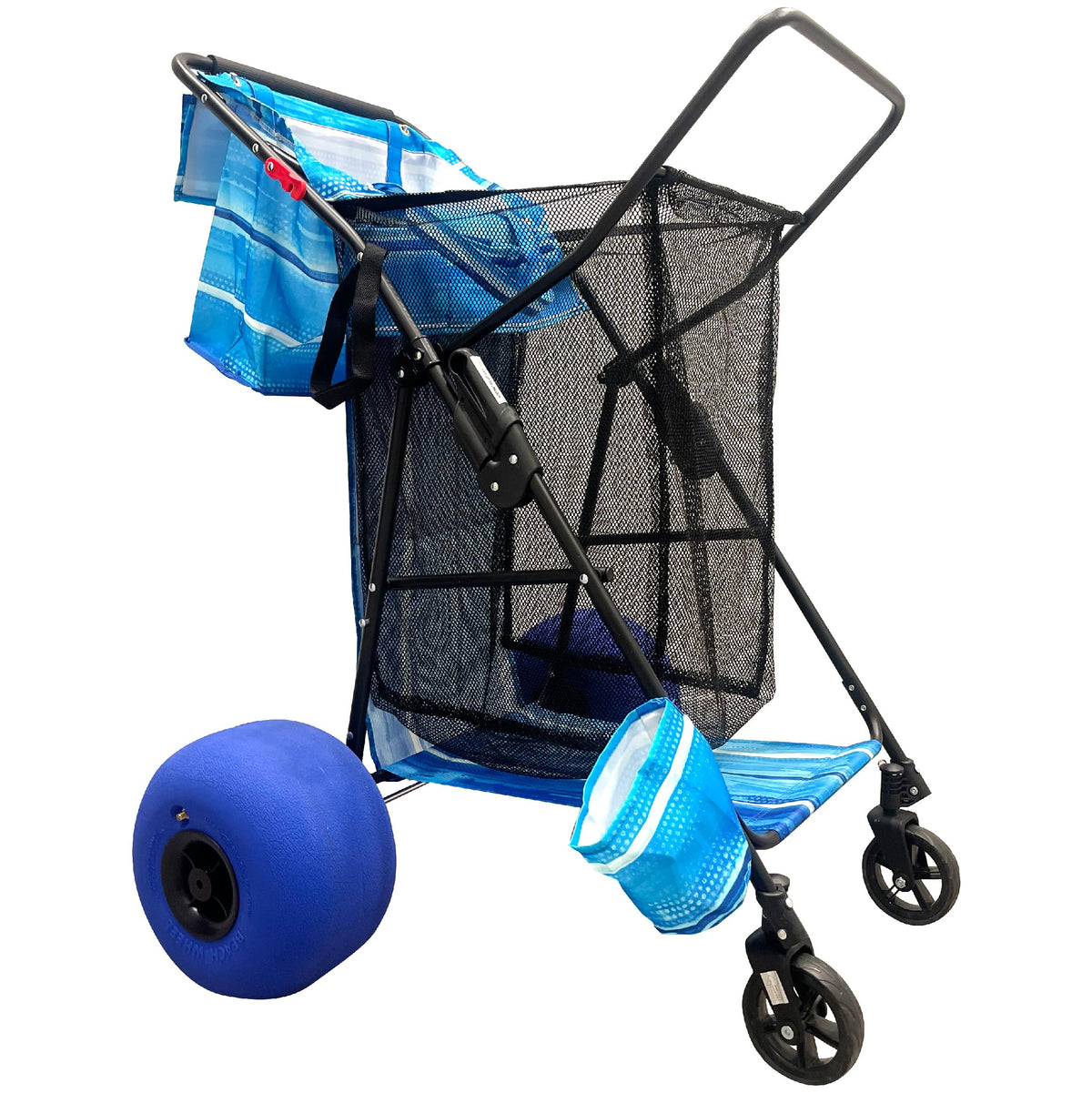 EasyGo Beach Cart Deluxe with balloon wheels enables smooth sand travel for gear.