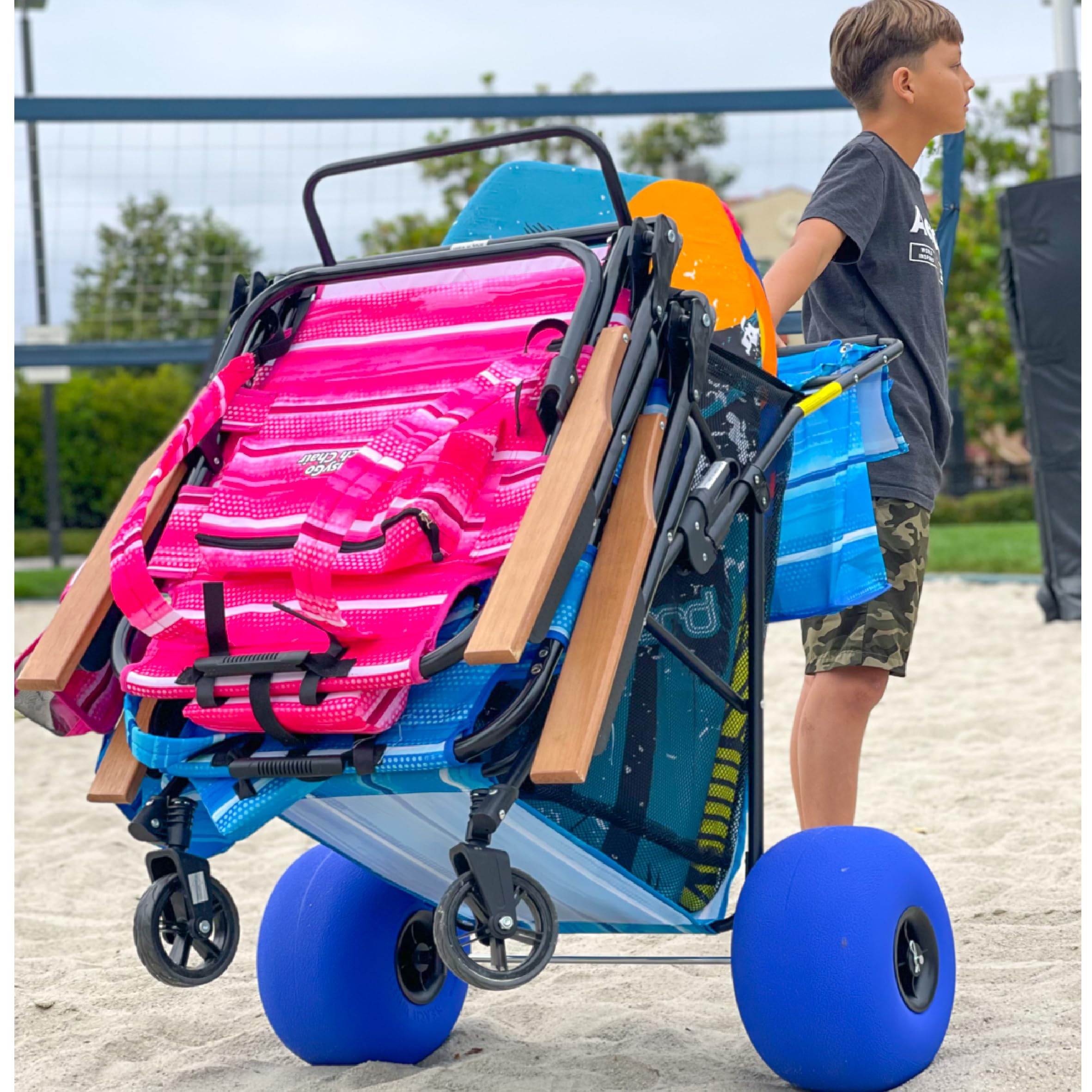 EasyGo Beach Cart Deluxe folding design stores compactly at home.