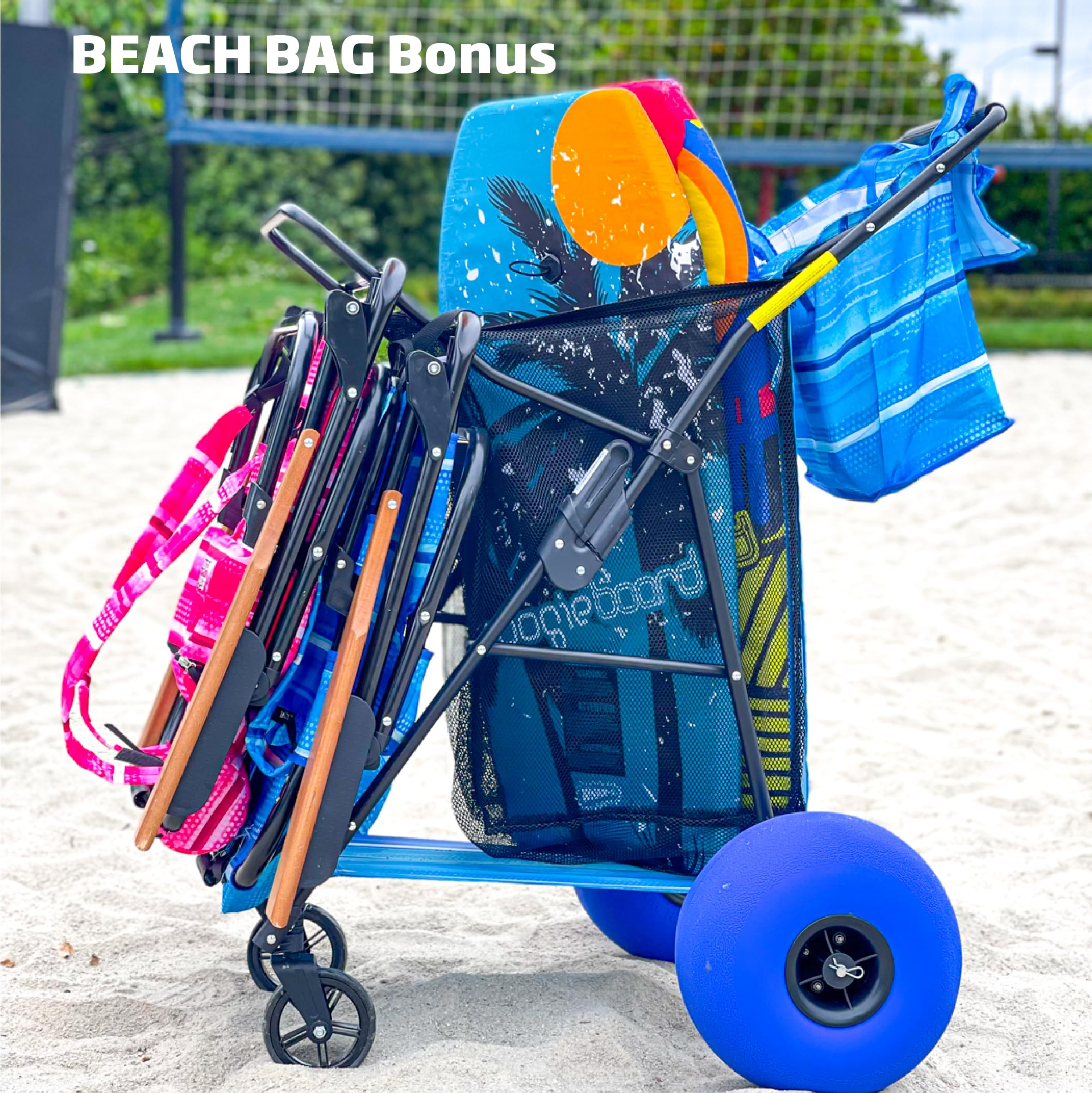 EasyGo Beach Cart Deluxe front swivel wheels 4in aid steering on boardwalks.